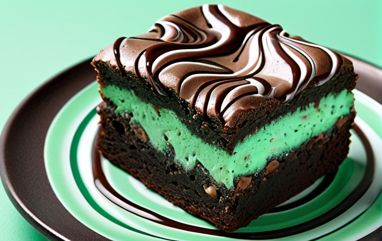 **

*   **Prompt:** Mint chocolate brownie, close-up, showing chocolate and mint swirl, cool and refreshing.

**