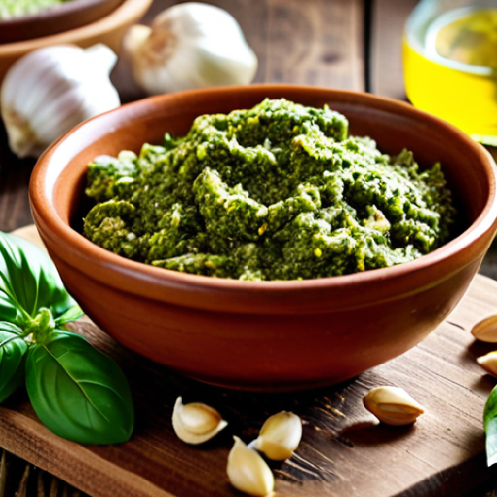 **

"Close-up shot of fresh basil leaves on a rustic wooden table, scattered around a bowl of homemade pesto. In the background, blurred ingredients like garlic cloves, pine nuts, Parmesan cheese, and a bottle of olive oil suggest the pesto-making process. Warm, natural lighting emphasizes the vibrant green of the basil."

**