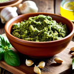 **

"Close-up shot of fresh basil leaves on a rustic wooden table, scattered around a bowl of homemade pesto. In the background, blurred ingredients like garlic cloves, pine nuts, Parmesan cheese, and a bottle of olive oil suggest the pesto-making process. Warm, natural lighting emphasizes the vibrant green of the basil."

**