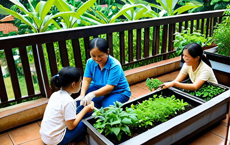 Vietnamese Family Garden**

"A Vietnamese family of four, fully clothed in áo bà ba, tending to a small herb garden on their balcony in Hanoi, Vietnam. The garden is filled with various Vietnamese herbs like rau thơm (mint), tía tô (perilla), and húng quế (Thai basil). Safe for work, appropriate content, family-friendly, well-lit, perfect anatomy, natural pose, professional photography, high quality, realistic."

**