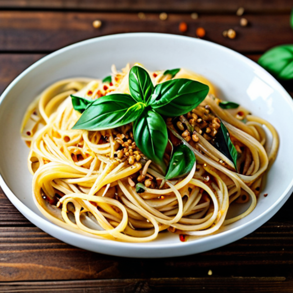 허브를 활용한 세계 각국의 요리 - Aglio e Olio with Vietnamese Basil**

"A plate of spaghetti aglio e olio garnished with fresh Vietna...