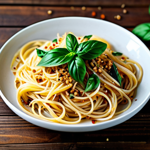허브를 활용한 세계 각국의 요리 - Aglio e Olio with Vietnamese Basil**

"A plate of spaghetti aglio e olio garnished with fresh Vietna...