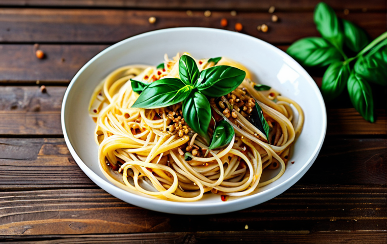 허브를 활용한 세계 각국의 요리 - Aglio e Olio with Vietnamese Basil**
"A plate of spaghetti aglio e olio garnished with fresh Vietna...
