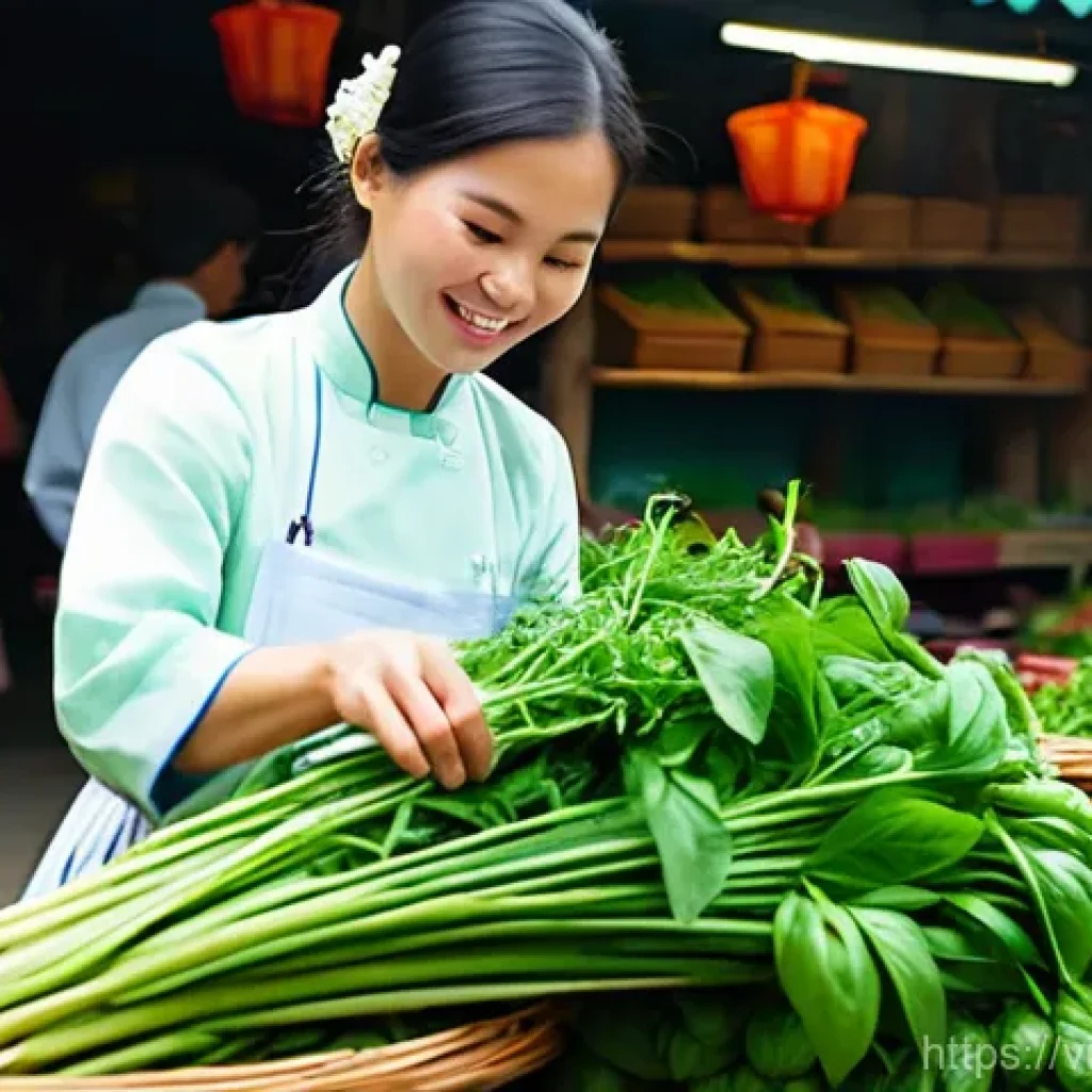허브와 함께하는 특별한 저녁 식사 - **A Vibrant Vietnamese Herb Market Scene:**
A medium shot of a bustling, traditional Vietnamese ...