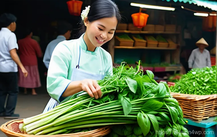 허브와 함께하는 특별한 저녁 식사 - **A Vibrant Vietnamese Herb Market Scene:**
    A medium shot of a bustling, traditional Vietnamese ...