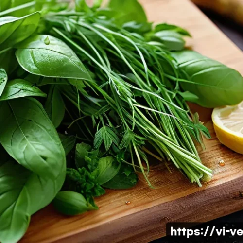 허브를 활용한 아시아 요리의 비밀 - **Vibrant Vietnamese Herb Medley:** A high-resolution, close-up shot of a beautiful, clean wooden cu...