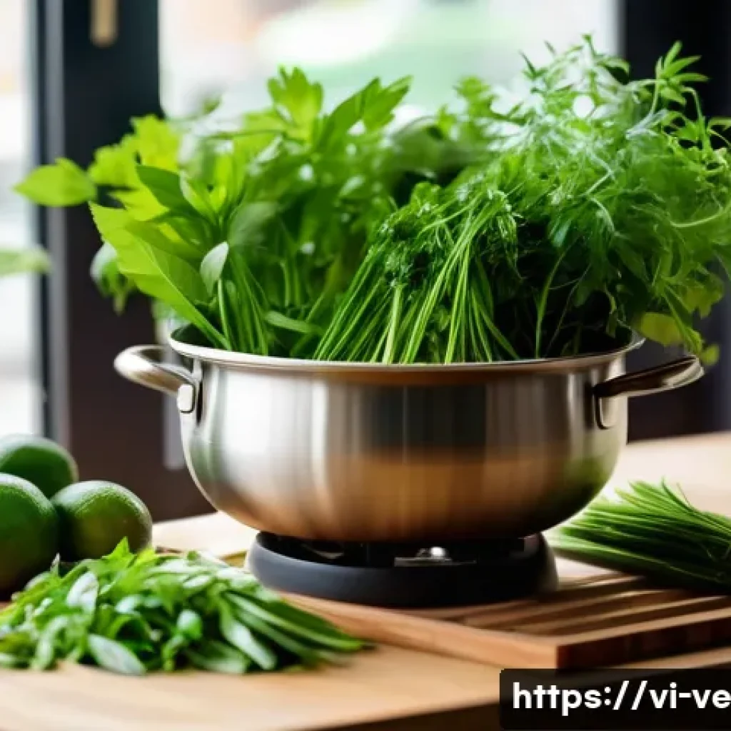 허브를 활용한 국물 요리 풍미 내기 - A vibrant Vietnamese kitchen scene featuring a rustic wooden table with fresh Vietnamese herbs promi...