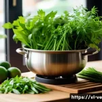 허브를 활용한 국물 요리 풍미 내기 - A vibrant Vietnamese kitchen scene featuring a rustic wooden table with fresh Vietnamese herbs promi...