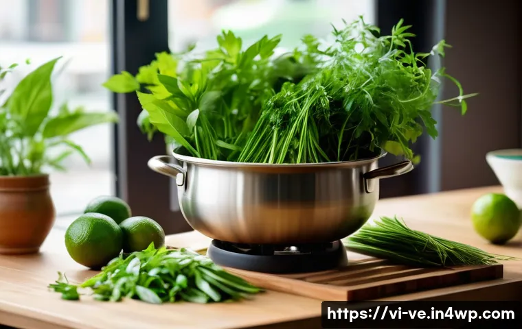허브를 활용한 국물 요리 풍미 내기 - A vibrant Vietnamese kitchen scene featuring a rustic wooden table with fresh Vietnamese herbs promi...