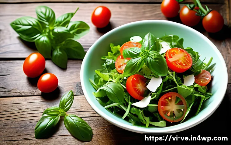 허브로 만든 유럽식 간편 요리 - A vibrant summer salad bowl featuring fresh basil, parsley, and mint leaves mixed with crisp lettuce...
