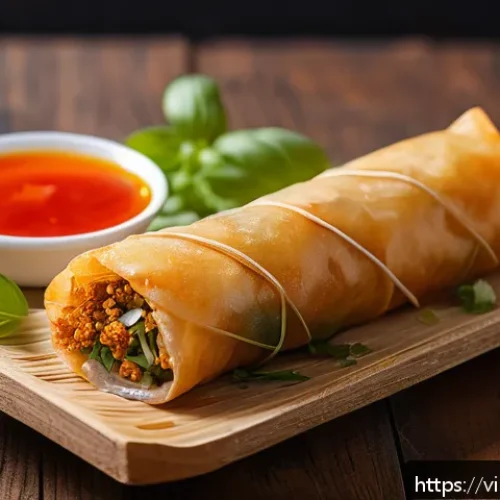 허브를 활용한 튀김 요리의 풍미 증진법 - A vibrant close-up of a crispy golden Vietnamese fried spring roll (chả giò) on a rustic wooden plat...