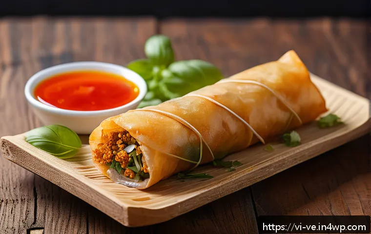허브를 활용한 튀김 요리의 풍미 증진법 - A vibrant close-up of a crispy golden Vietnamese fried spring roll (chả giò) on a rustic wooden plat...