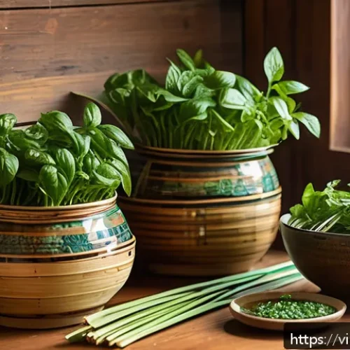 허브의 풍미를 높이는 레시피 조합 - A vibrant Vietnamese kitchen scene featuring a rustic wooden table adorned with fresh herbs like bas...