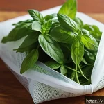 허브의 효과적인 보관 방법 - A fresh bundle of Vietnamese herbs such as basil, mint, and coriander wrapped gently in slightly dam...
