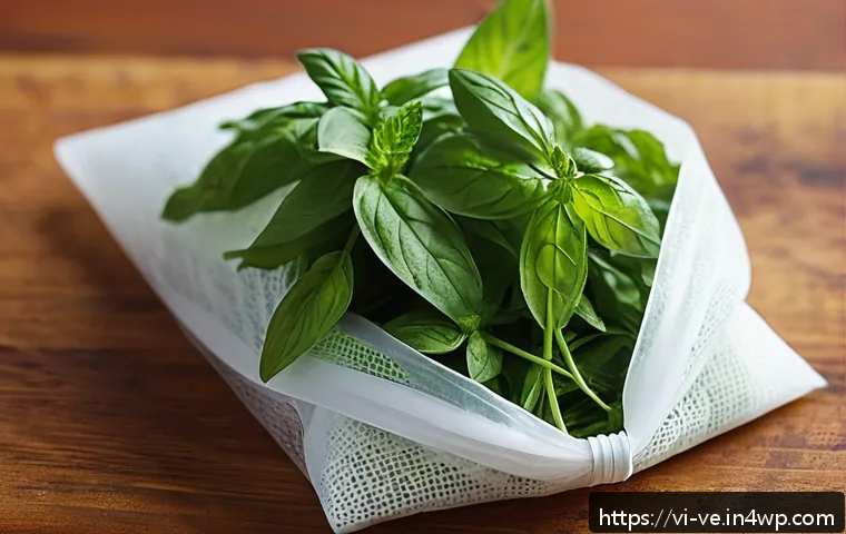 허브의 효과적인 보관 방법 - A fresh bundle of Vietnamese herbs such as basil, mint, and coriander wrapped gently in slightly dam...